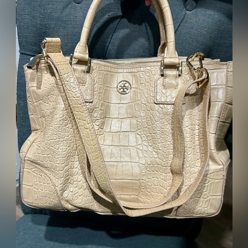 Tory Burch Beige Croc-Embossed Leather Tote with Gold Hardware